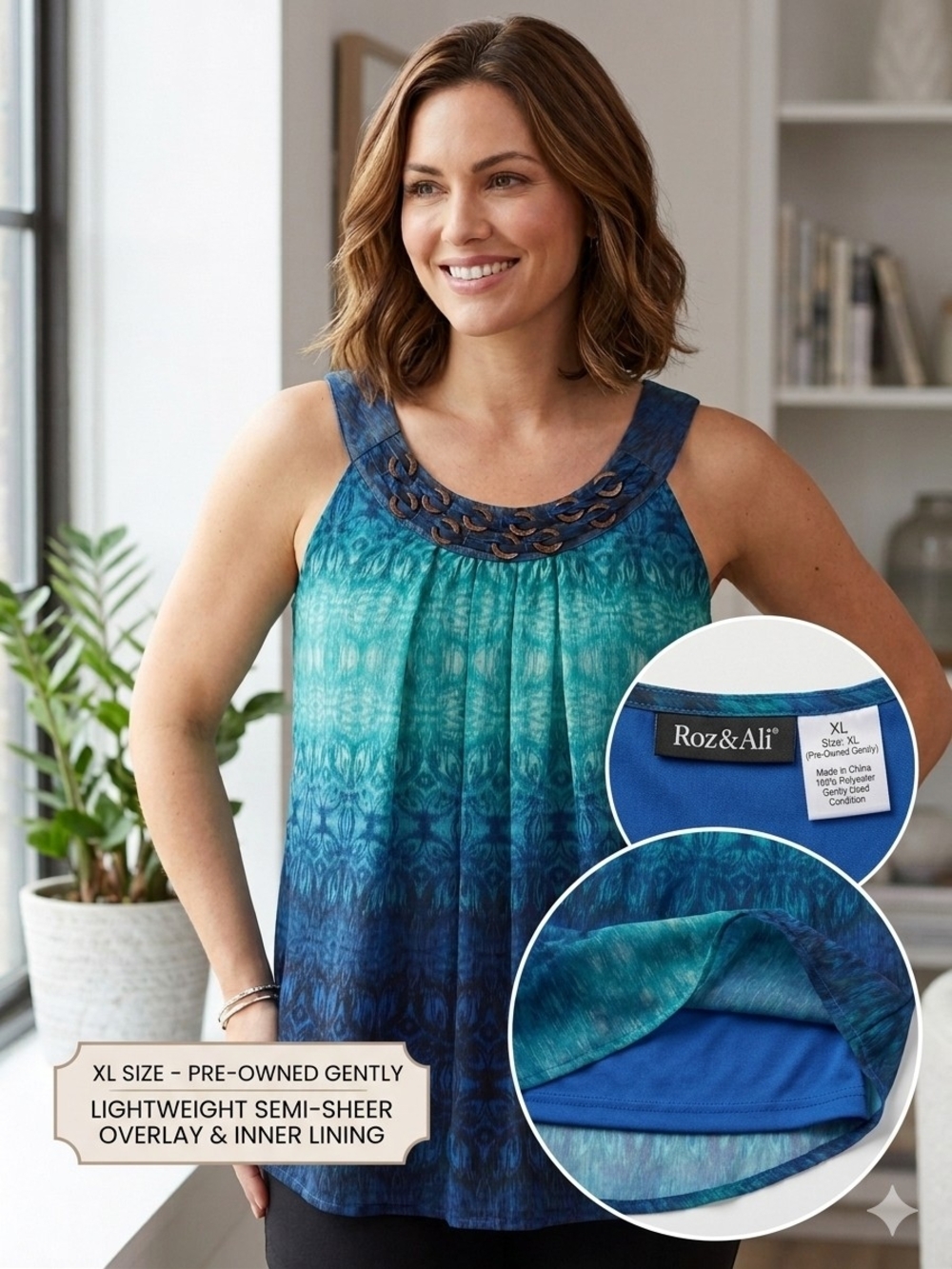 Roz & Ali Teal and Blue Ombre Scoop Neck Tank